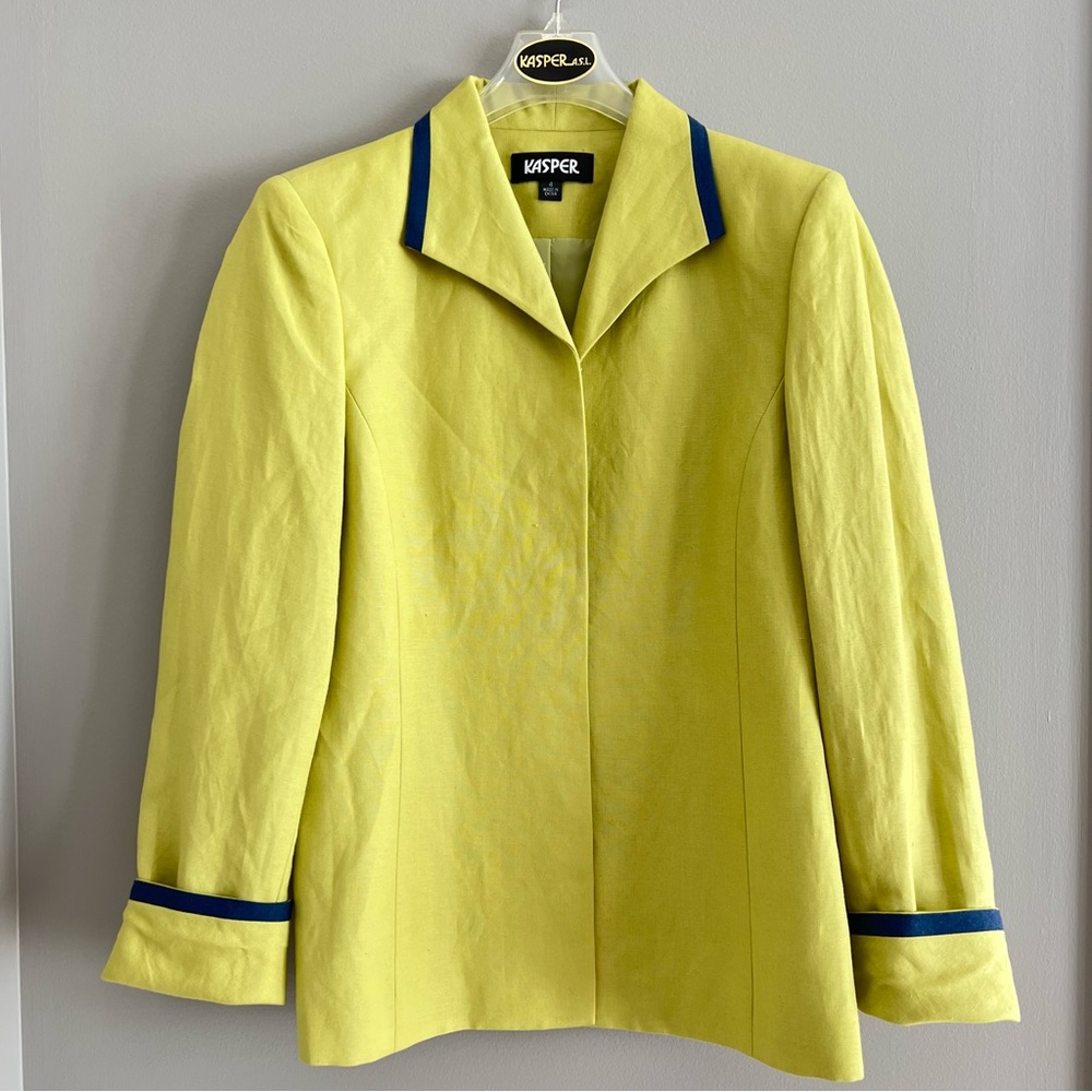 Kasper Women's Yellow/Green Linen Blend Blazer with Navy Trim Size 4